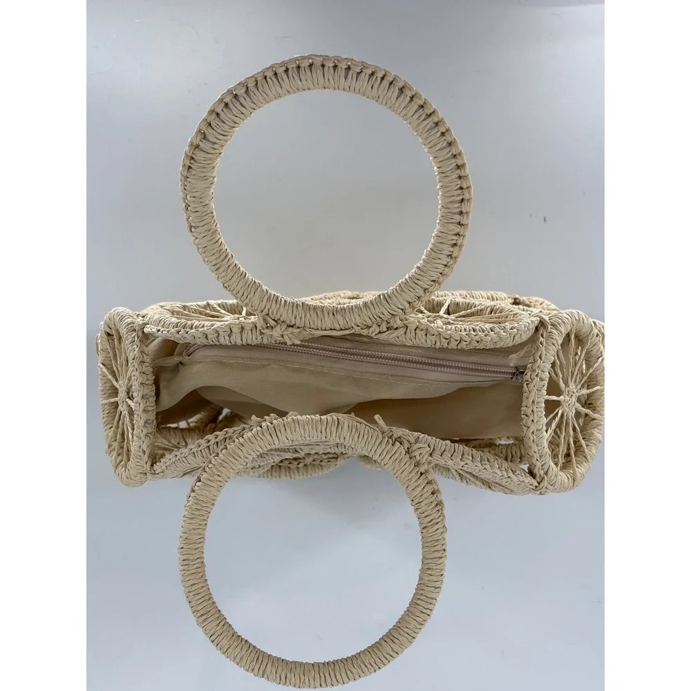 Woven Straw Circle Wheel Tote Bag Beige Raffia Summer Beach Handbag Boho Beach